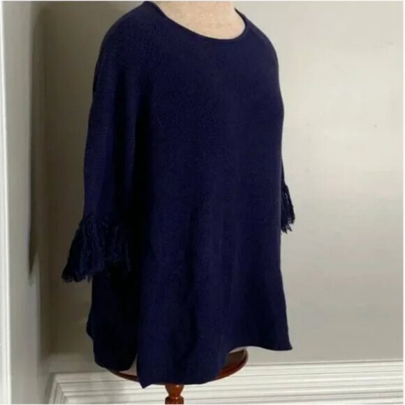 J. McLaughlin 100% Cotton 3/4 Fringed Sleeve Blue Knit Sweater Size Medium - Picture 3 of 7